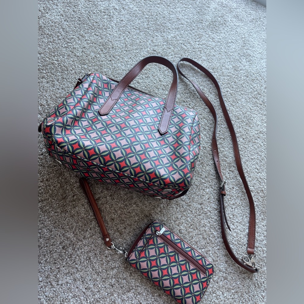 Vintage Fossil Sydney Boston Bag Crossbody w/Strap & Brown Trim + Wallet!